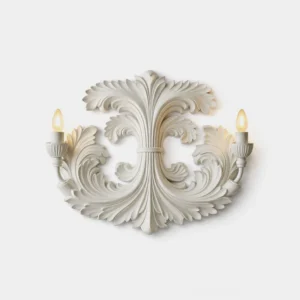 Acanthus wall sconce with ornate carved resin foliate relief in matte white finish with dual candle lights, front view studio