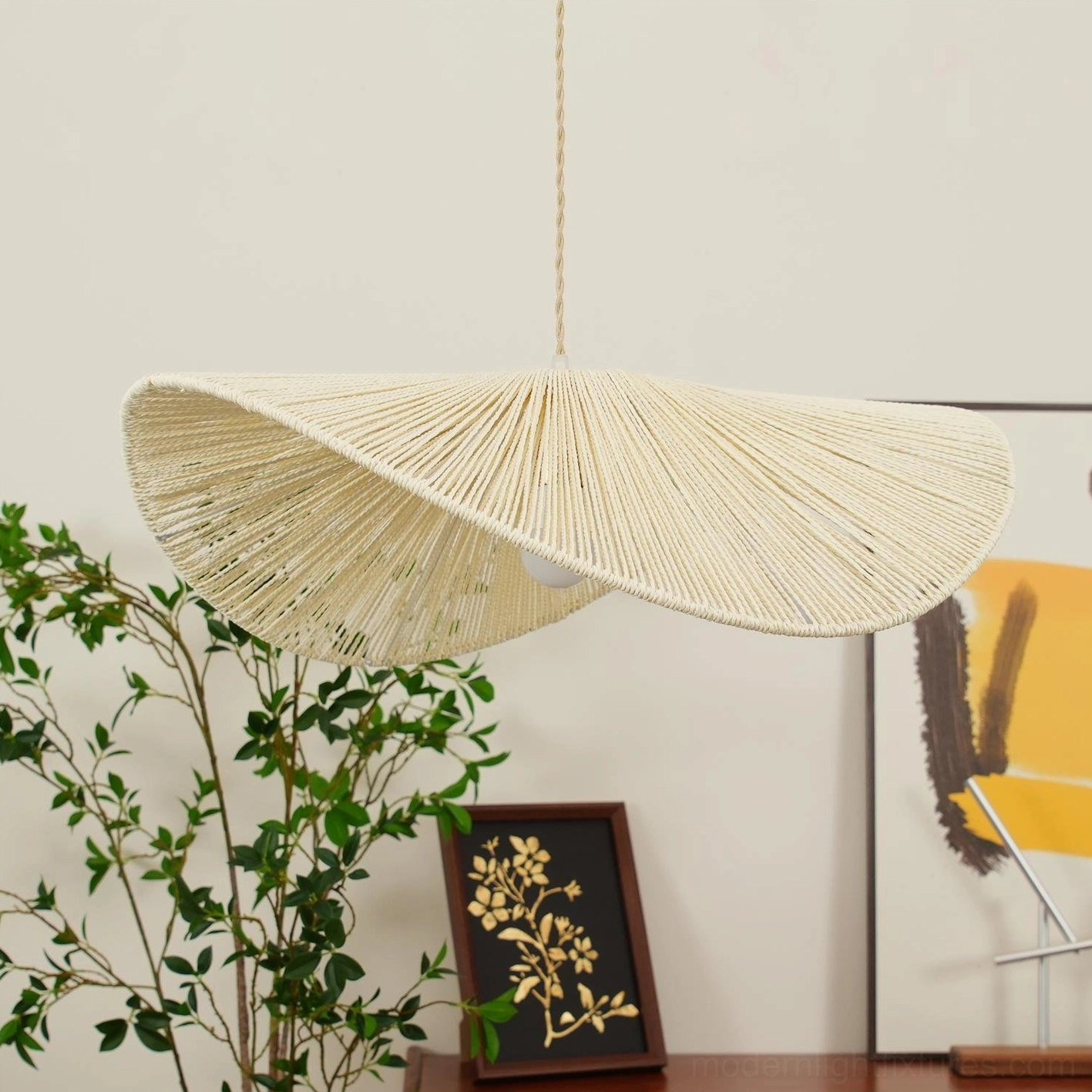 Woven straw hat style pendant light installation showing adjustable cable length customization