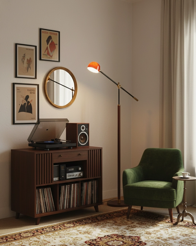 Contemporary swing floor lamp with adjustable arm extended showing reach and flexibility for task lighting