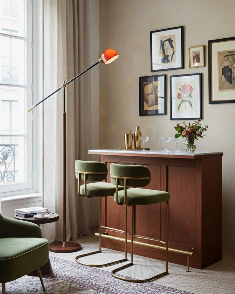 Retro swing arm floor lamp with orange shade in home bar and dining area next to wooden counter