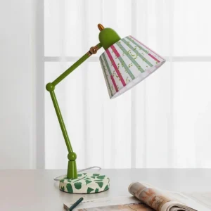 Adjustable green desk lamp with hand-painted vertical brush stroke fabric shade in green and pink, product main showcase
