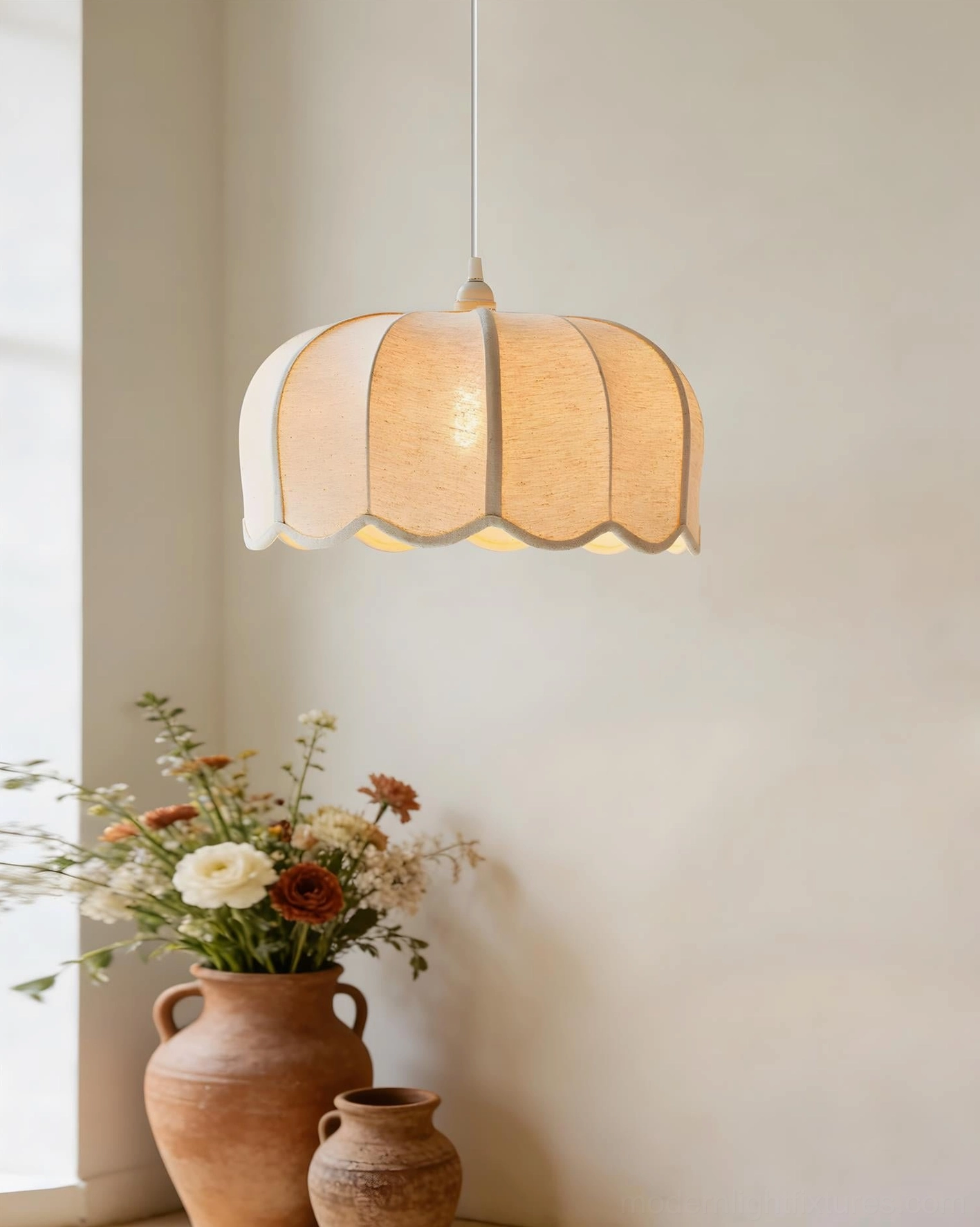 Adjustable height pendant lamp with fabric shade perfect for dining tables and living areas