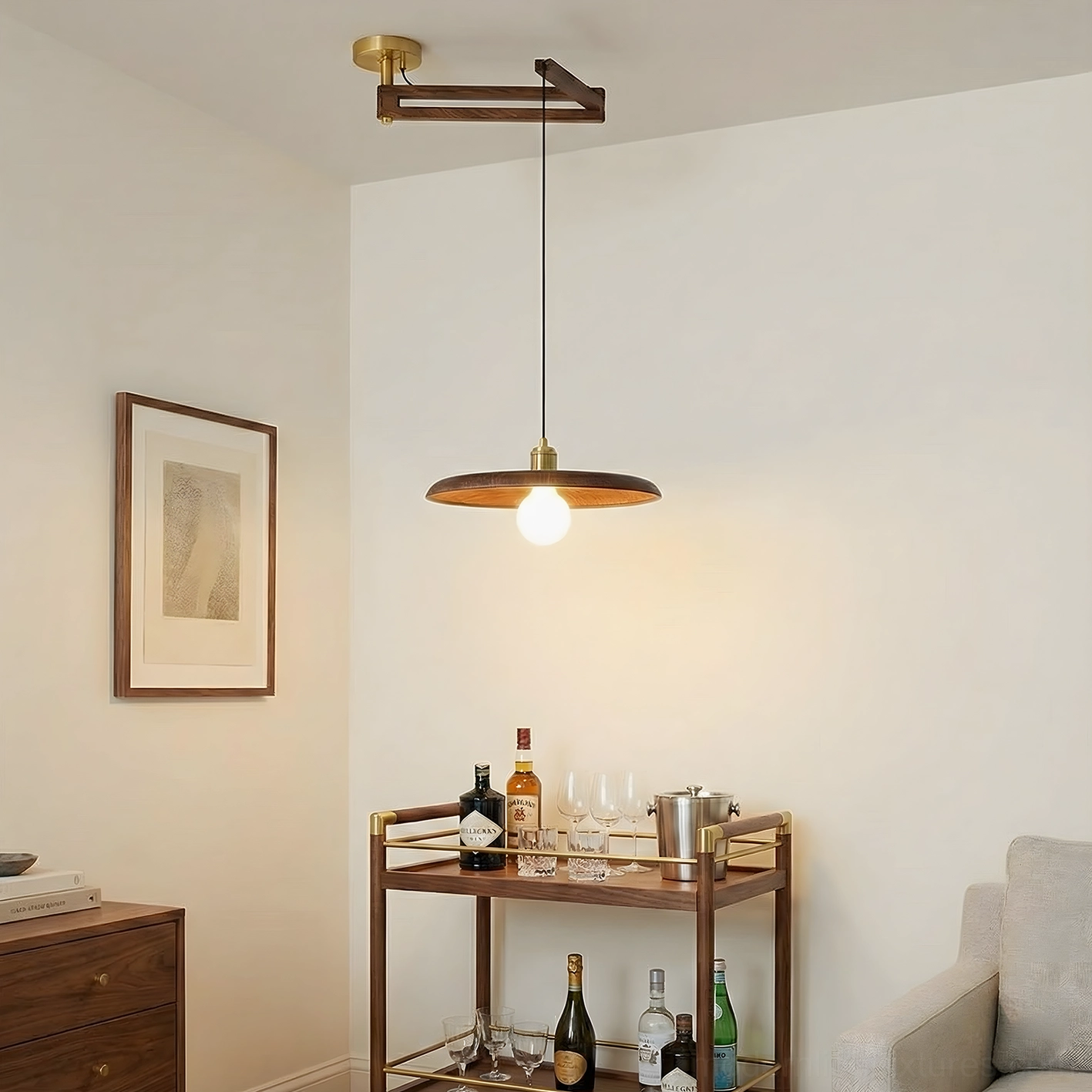 Adjustable wood pendant light showing cord length flexibility in room setting