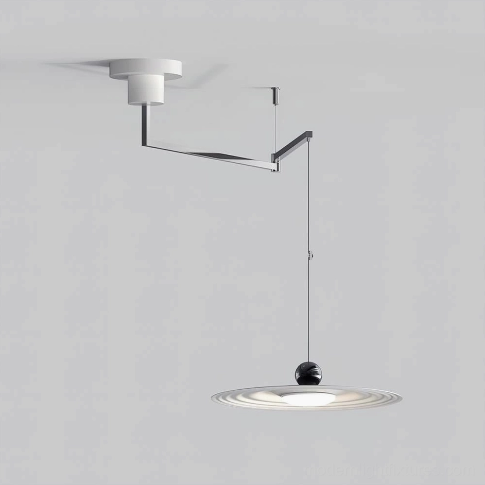 Contemporary swing arm pendant lamp with sleek matte hardware and textured rippled shade, right side studio view