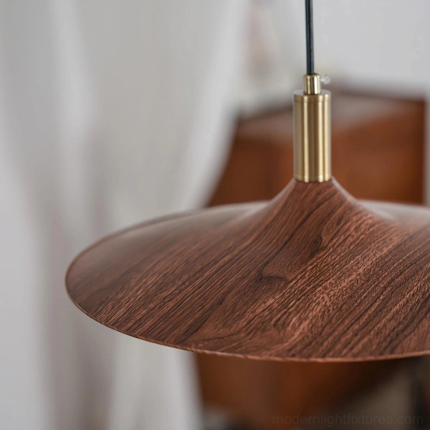 Nano adjustable swing arm pendant light closeup showing bracket mechanism and wooden shade