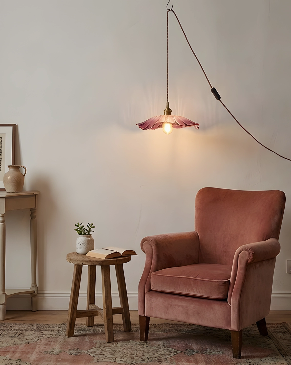 Plug-in pendant lamp with clear petal glass shade and adjustable cord length installation