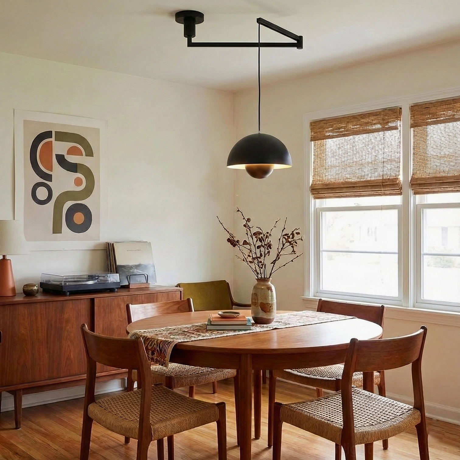 Adjustable swing arm pendant light with dome shade modern interior design application