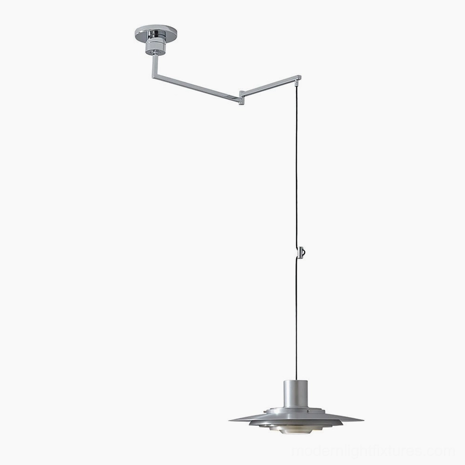 Adjustable swing arm pendant light in brushed silver, modern metallic fixture highlighting layered disc shade design
