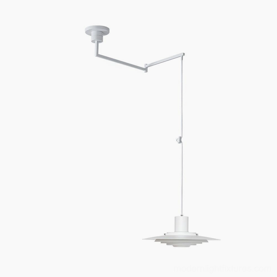 Adjustable swing arm pendant light fixture with disc shade, demonstrating warm ambient lighting effect and modern architectural form