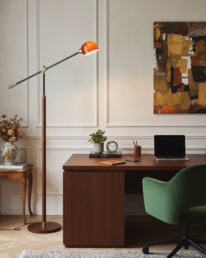 Orange shade swing arm floor lamp in home office next to workspace desk with mid-century modern design