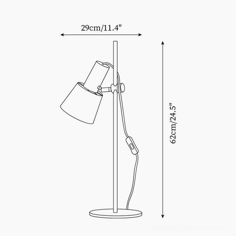 Technical orthographic line drawing of modern adjustable table lamp showing dimensions 29cm width and 62cm height
