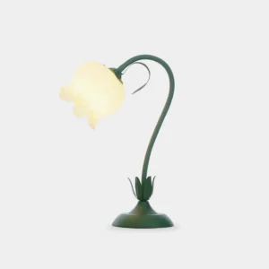 Adjustable twist tulip flower table lamp in sage green with frosted cream glass shade, front view