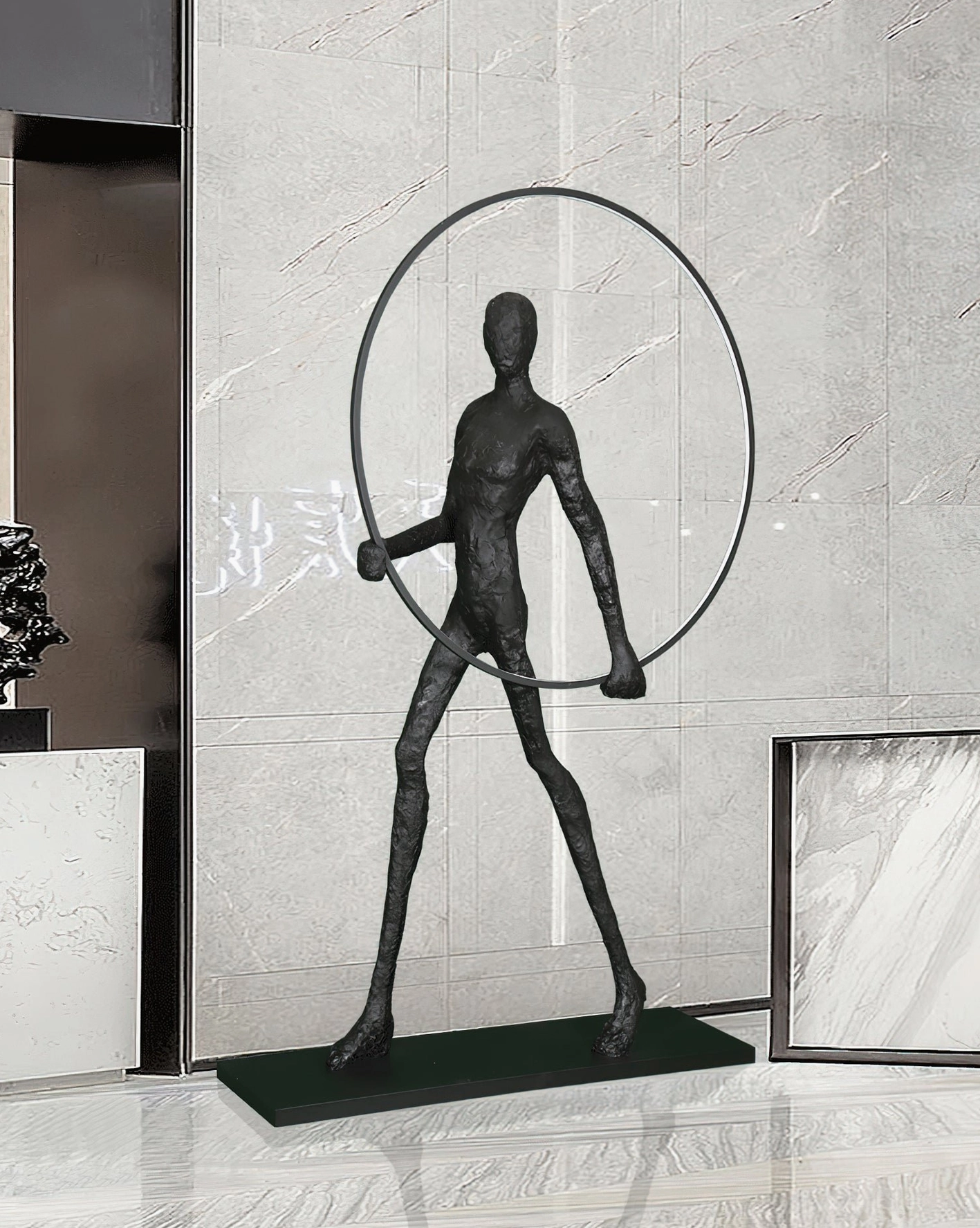 Modern minimalist sculpture floor lamp with abstract human form and circular LED light, contemporary interior styling