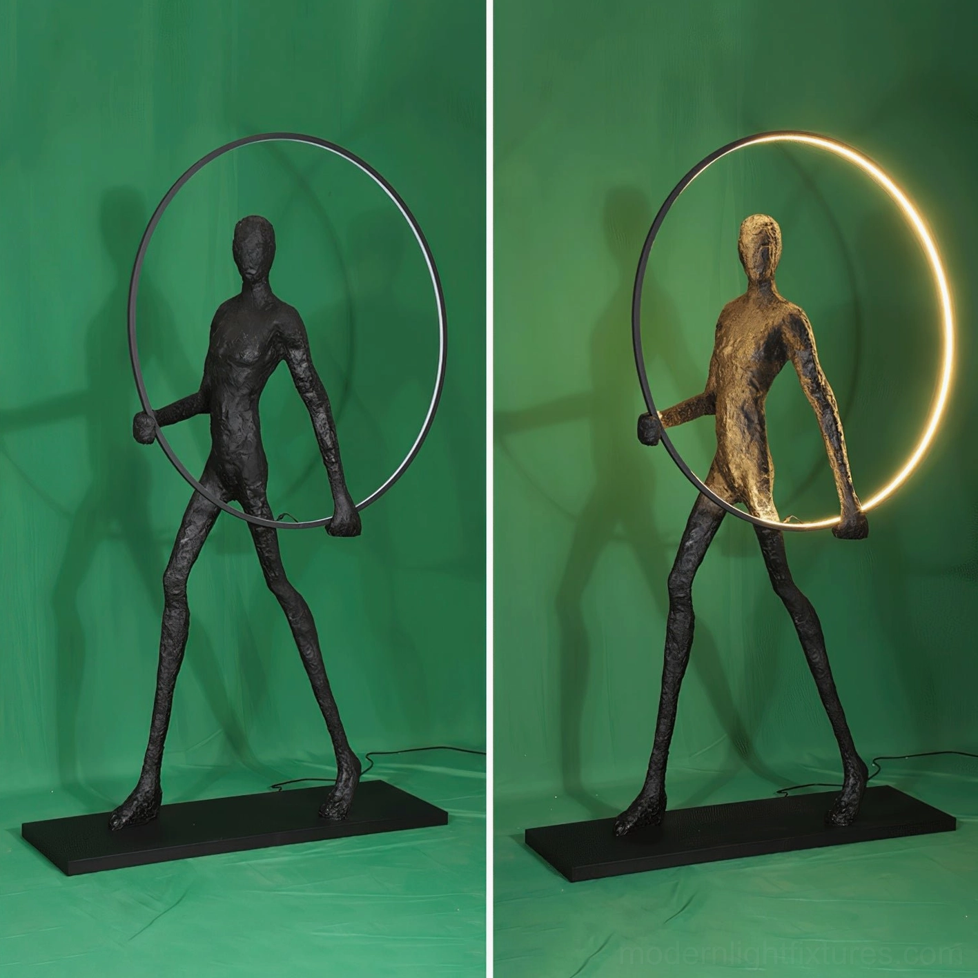 Contemporary art-forward geometric floor lamp with human silhouette and integrated LED light ring, modern design aesthetic
