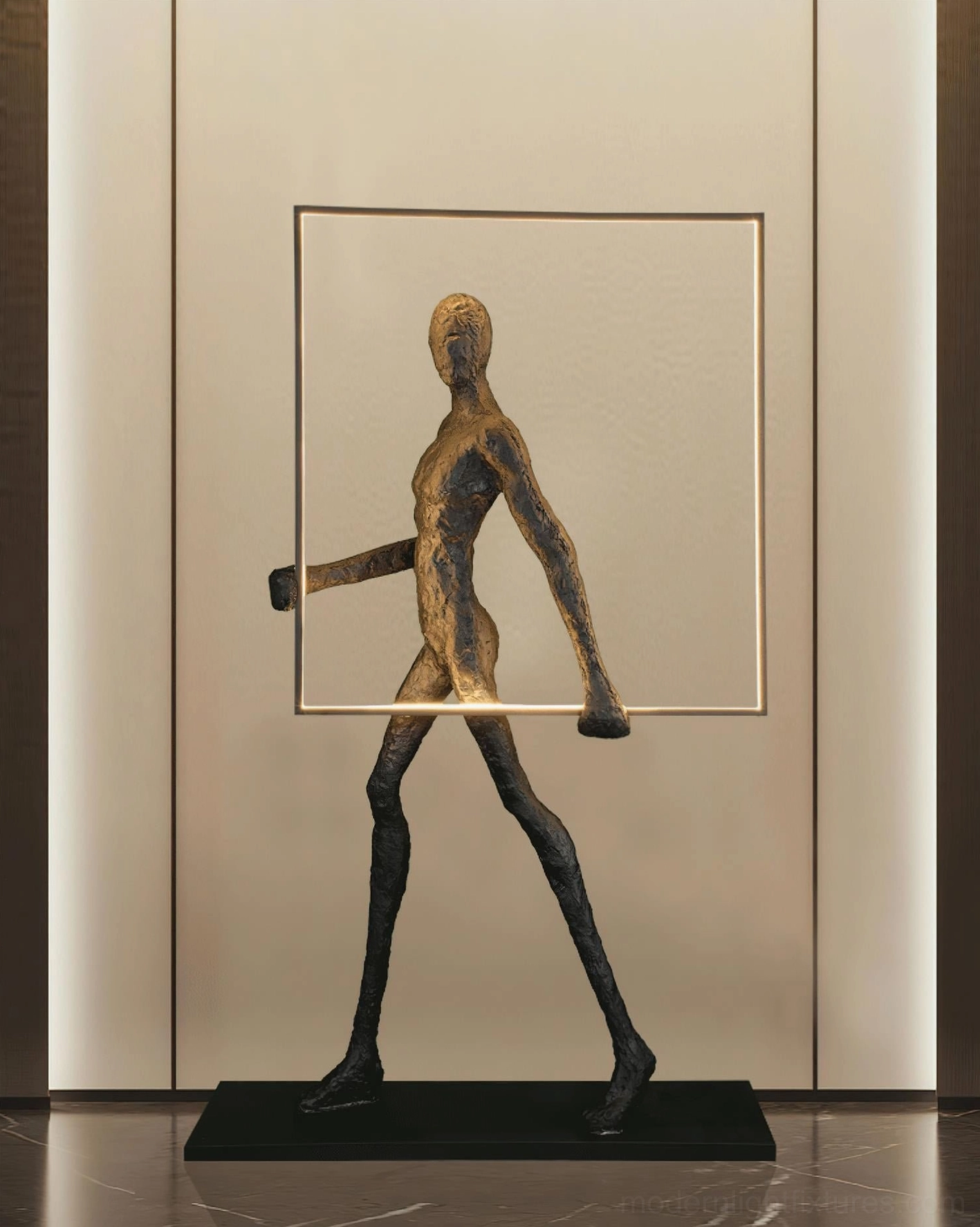 Contemporary black sculpture floor lamp with circular LED light ring, artistic focal point in designer interior space