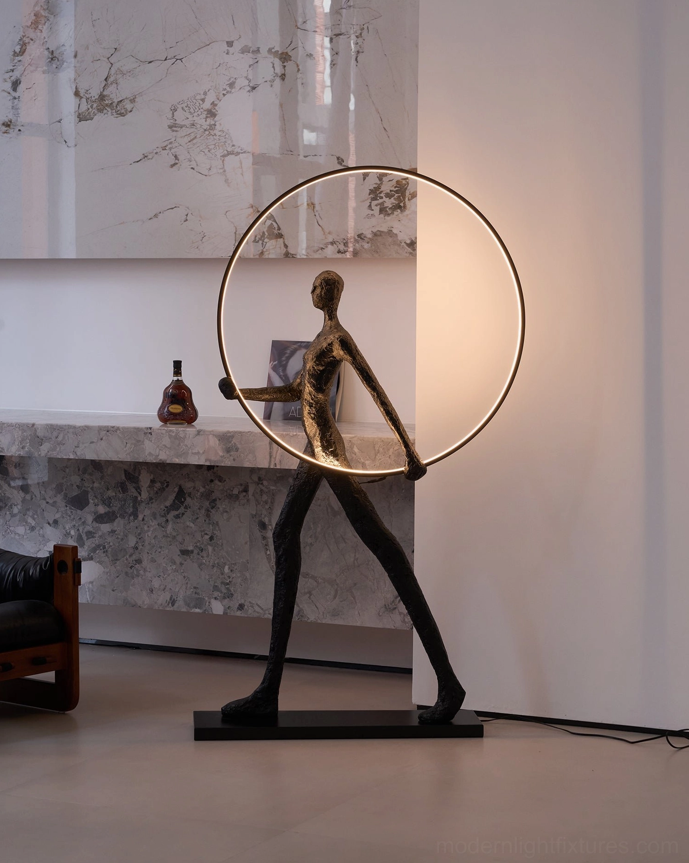 Large format Aeon Sculpture Floor Lamp showcase, geometric configuration with textured human figure and LED light system