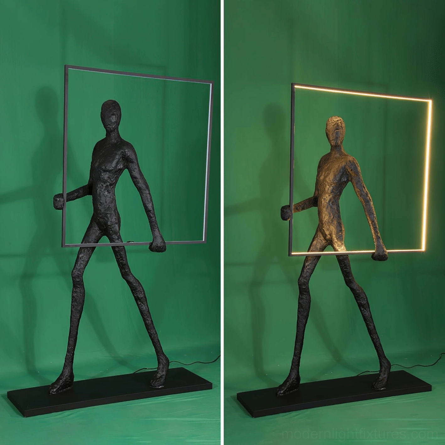 Model B configuration Aeon Sculpture Floor Lamp with bronze human figure and golden warm LED light in stylish interior