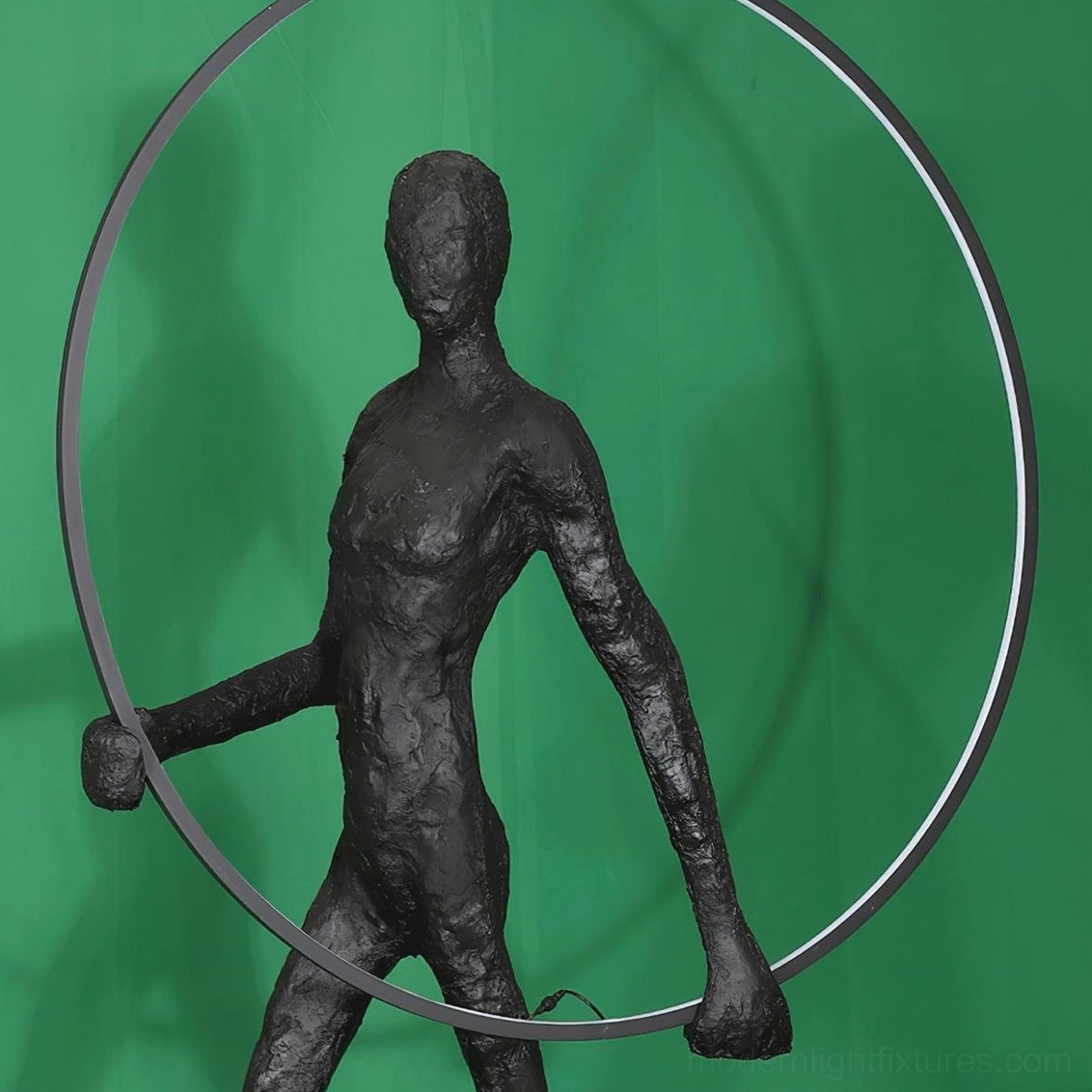 Artistic minimalist floor lamp series with geometric human sculpture figures and integrated warm LED circular lights