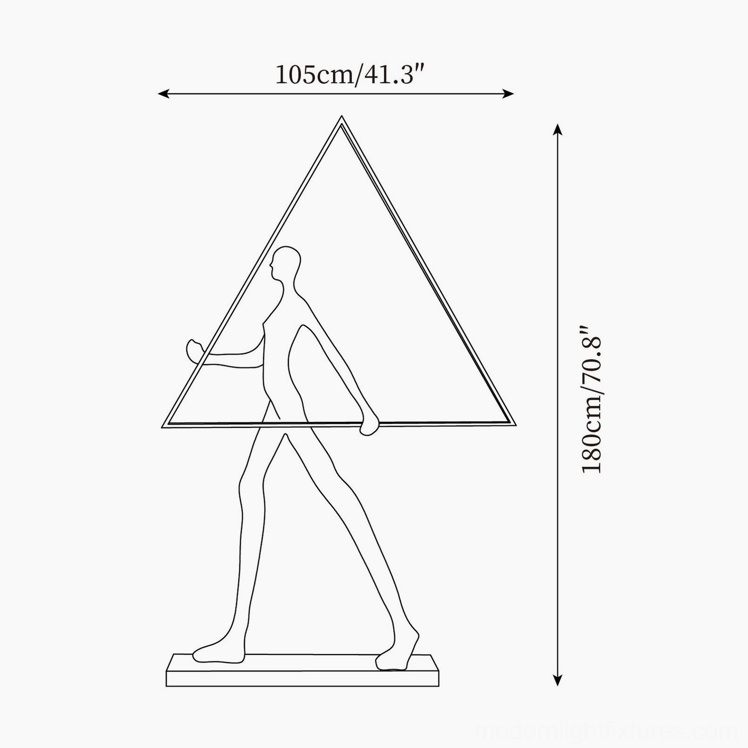 Aeon Sculpture Floor Lamp Medium size technical drawing, triangular frame configuration, minimalist line art specifications