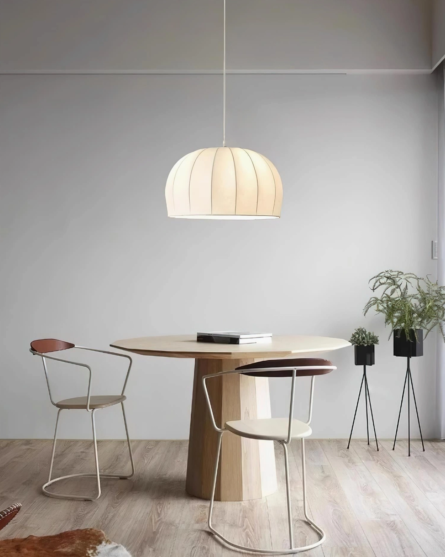 Aeron modern white fabric pendant light fixture with silk dome shade and metal hardware detail