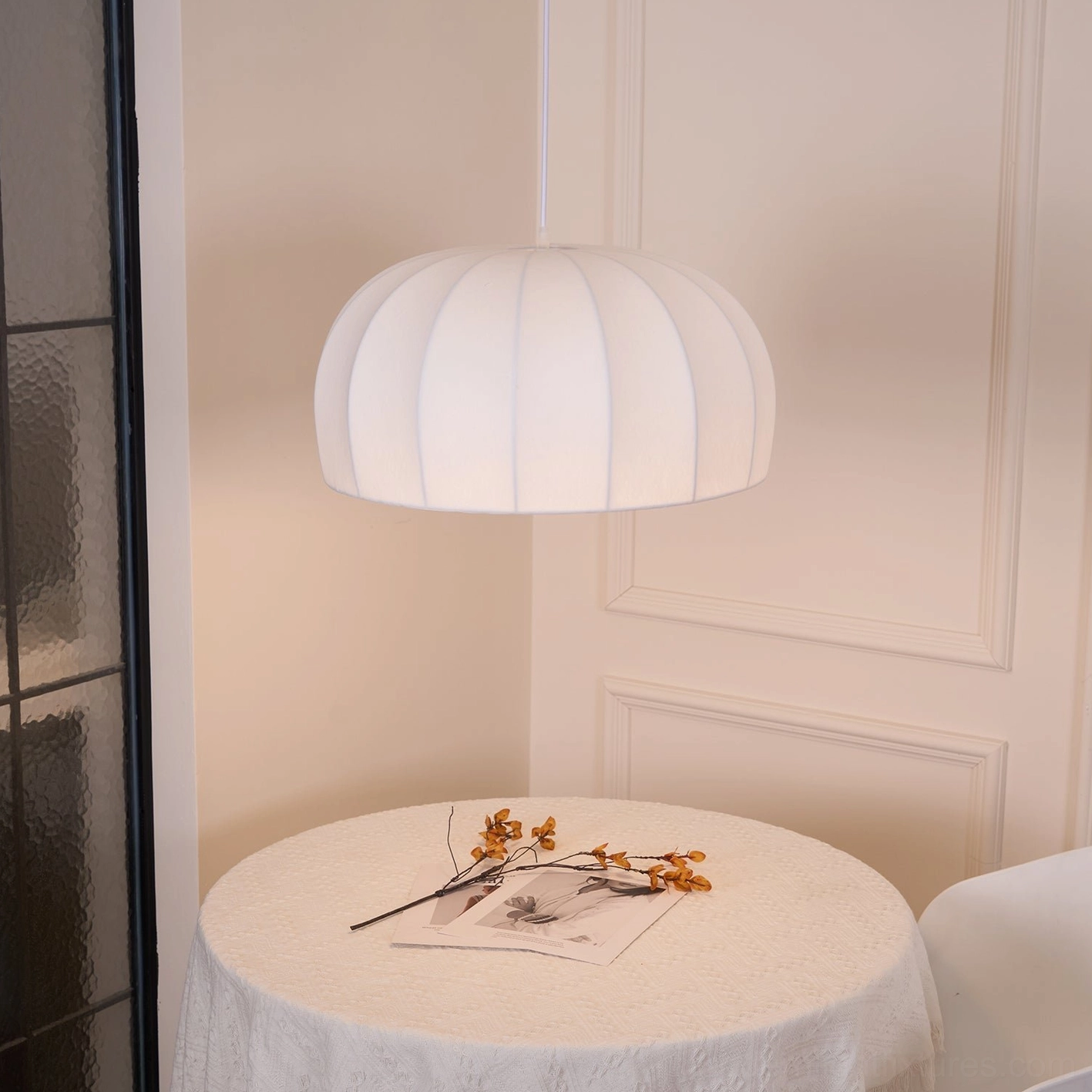 Aeron white ribbed fabric pendant light with adjustable cord length for custom hanging height