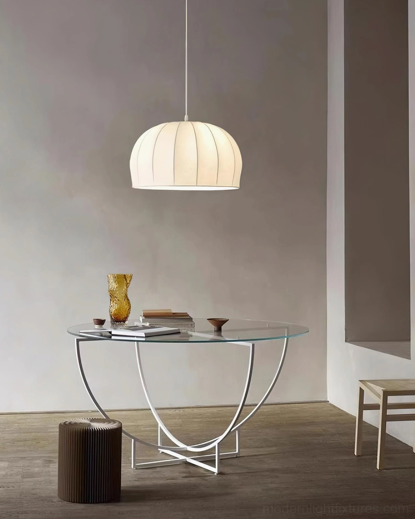 Aeron white fabric pendant light in minimalist modern home entryway and console area