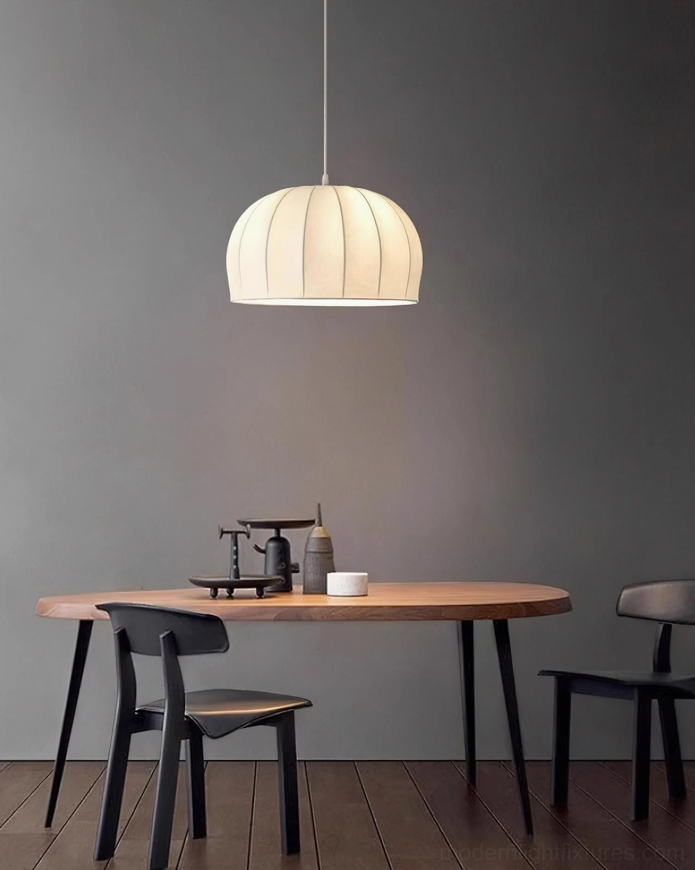 Aeron fabric dome pendant light installation shown in various room settings and heights