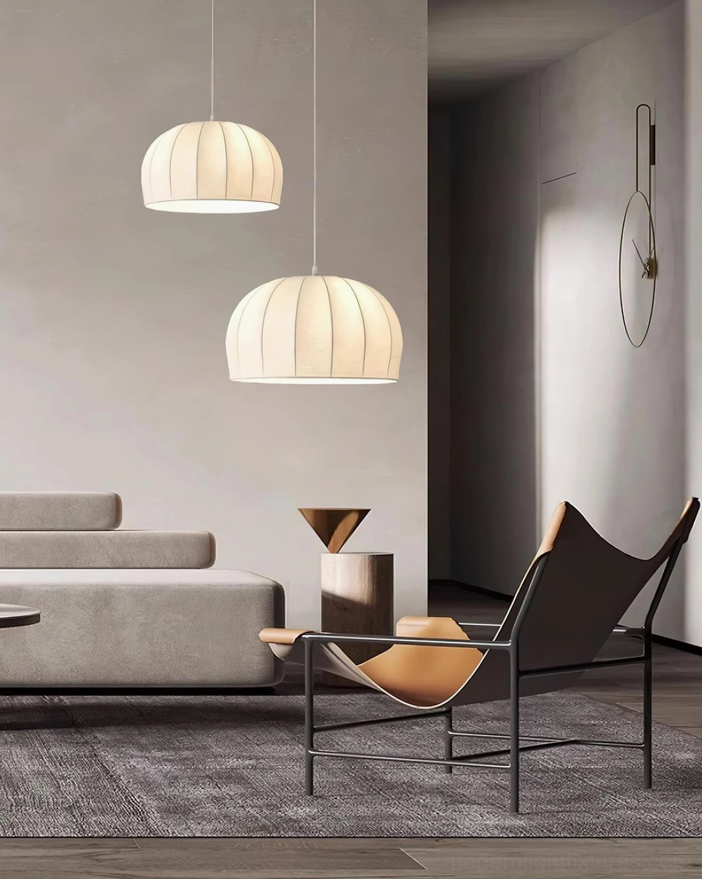 Aeron white pendant lamp showing soft warm light diffusion through ribbed fabric dome