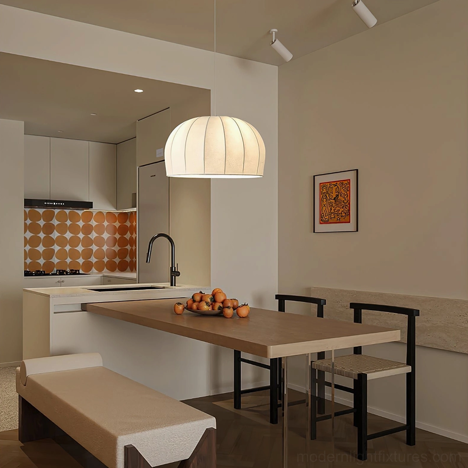 Modern off-white ribbed fabric pendant light in open kitchen-dining area, overhead view minimalist style
