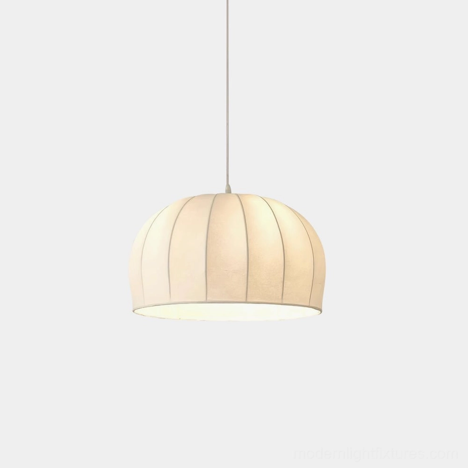 Aeron white ribbed fabric pendant light with pumpkin-shaped dome shade, front view on white background