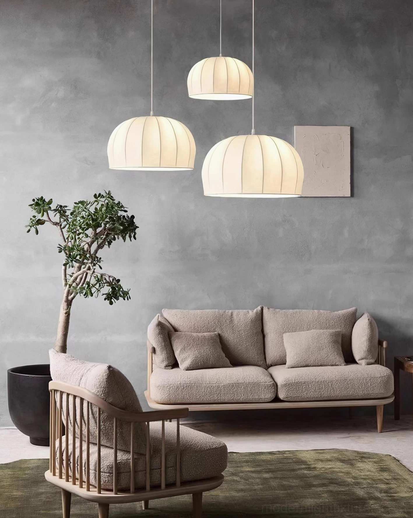 Contemporary white ribbed fabric pendant light Aeron in Scandinavian interior design setting