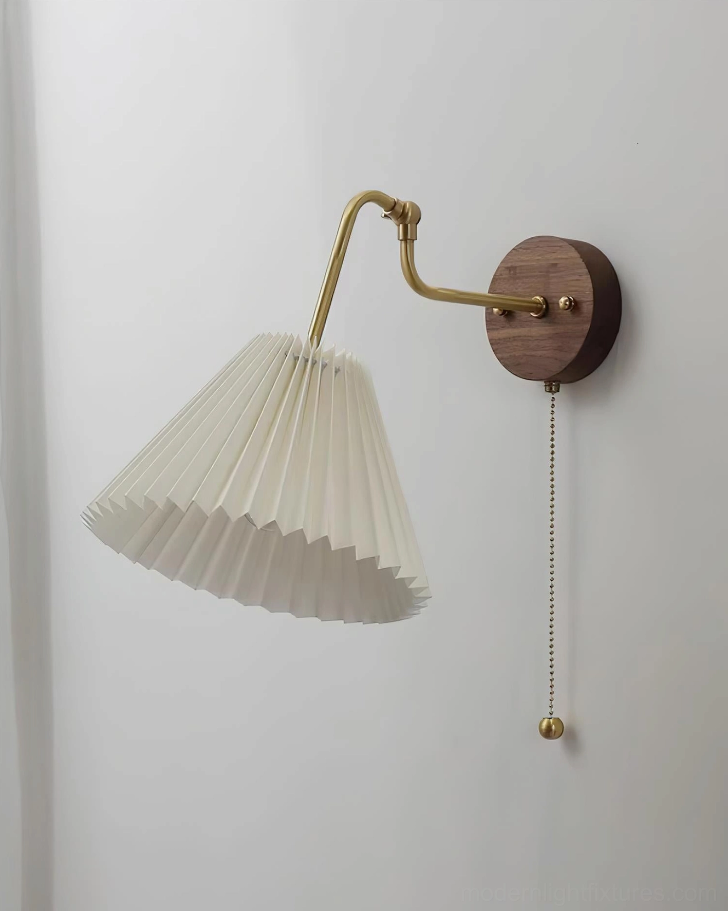 Aine pleated wall sconce technical schematic showing dimensions 23cm width by 14cm height, swing arm and structural components