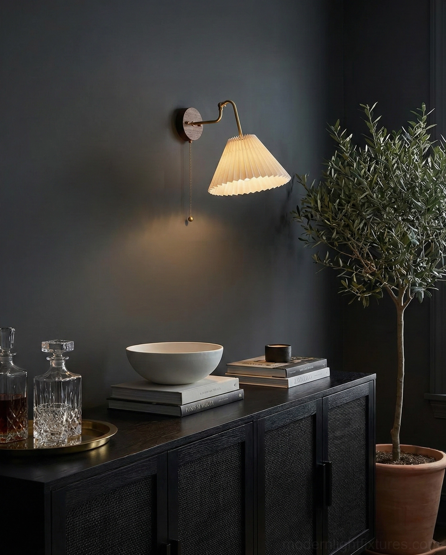 Aine pleated wall lamp warm ambient lighting in dark interior space, cabinet area accent illumination