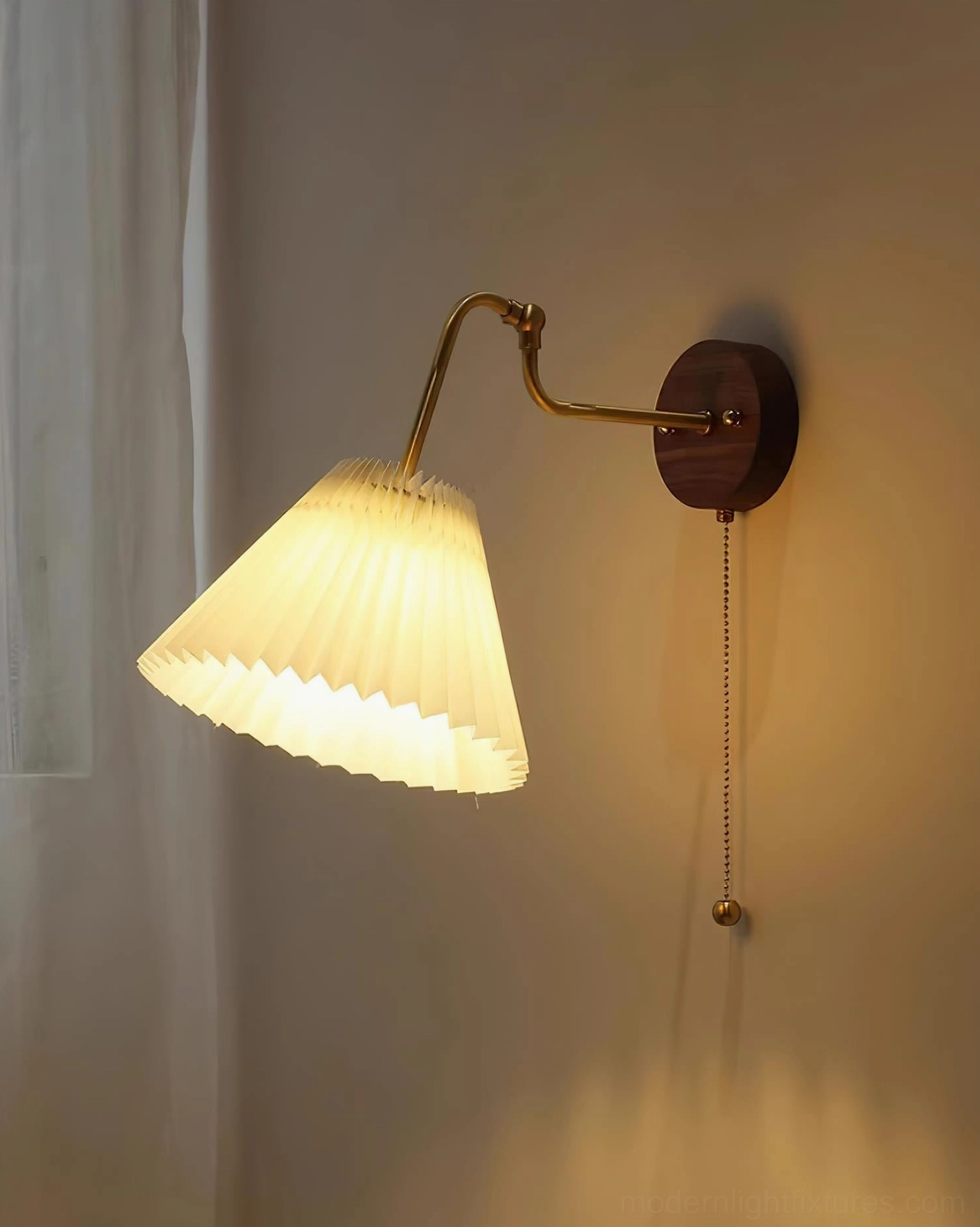 Aine pleated wall lamp polished brass arm with off-white fabric shade, mid-century modern sconce design