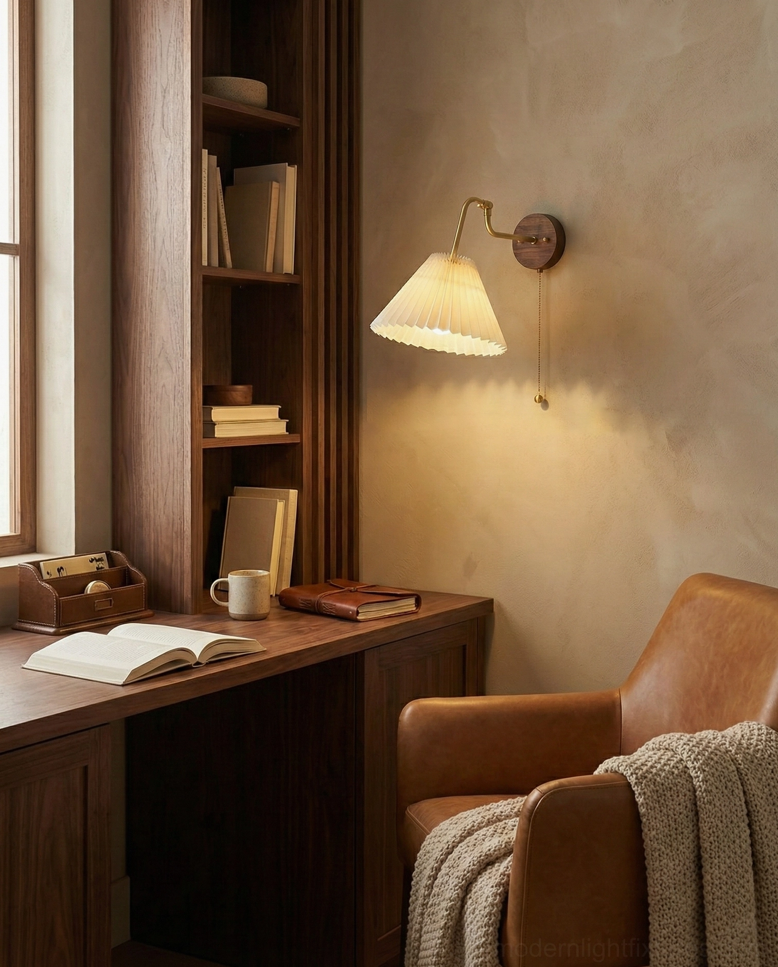 Aine pleated wall lamp in cozy home office reading nook, vintage warm lighting for study space