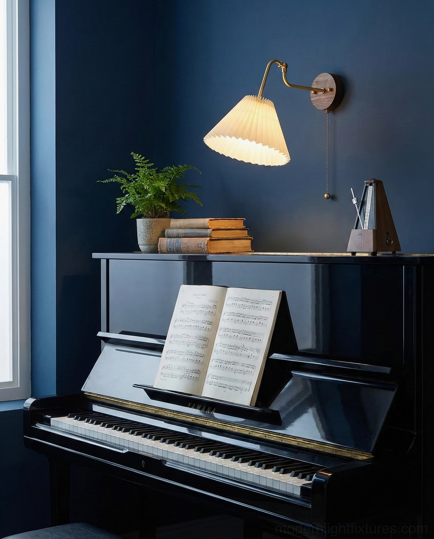 Aine wall lamp pull-chain mechanism and pleated shade, vintage functionality with modern design