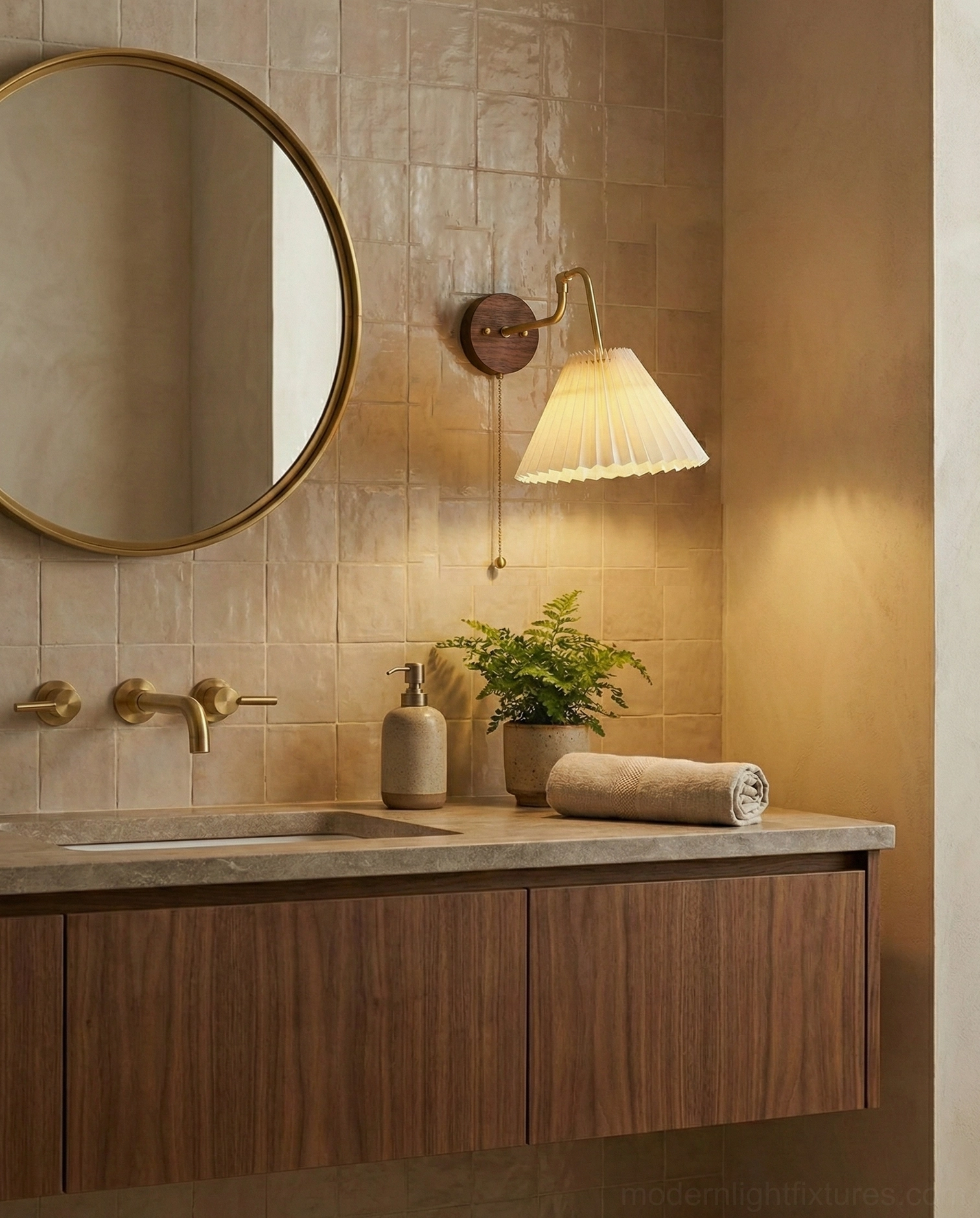 Aine pleated wall sconce installed hallway view, sophisticated lighting fixture for corridor illumination