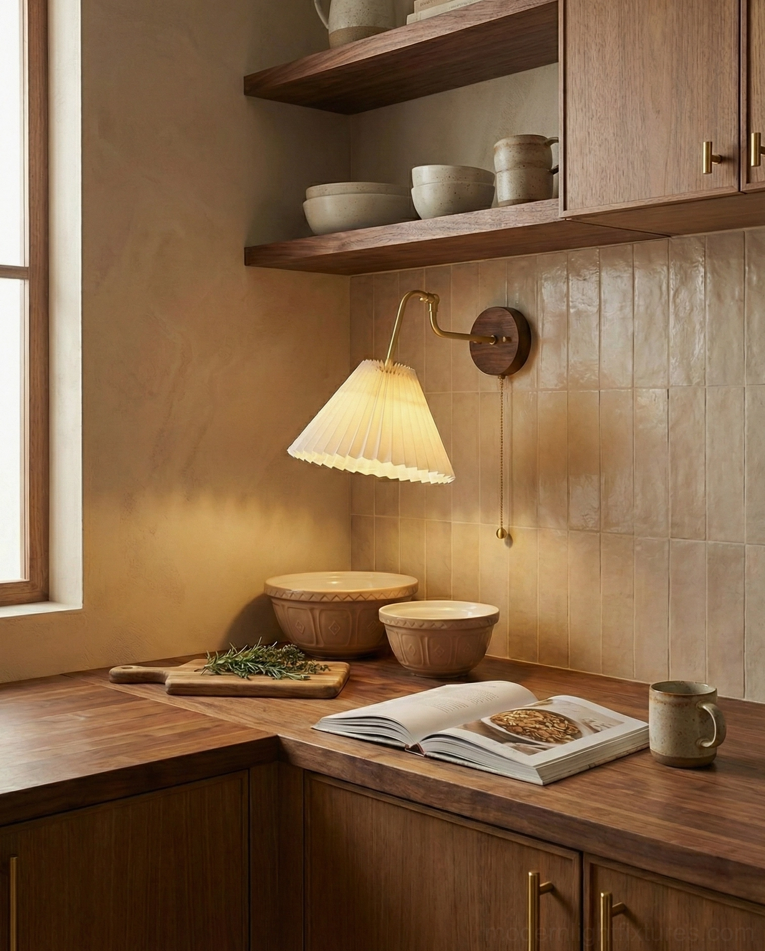 Aine pleated wall sconce kitchen interior view, residential counter workspace with warm wood-toned décor