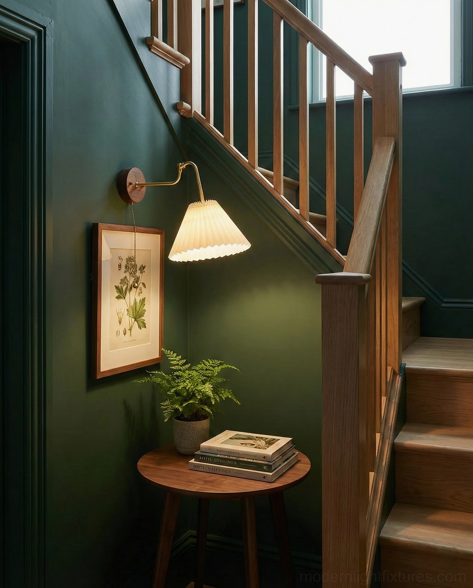 Aine pleated wall sconce in residential stairwell, wide interior view with wooden railing decor coordination