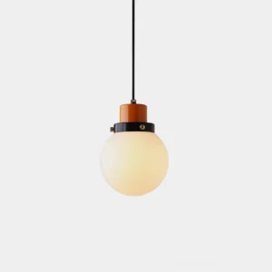 Aira mid-century modern globe pendant lamp with frosted glass shade and orange black metal base on white background