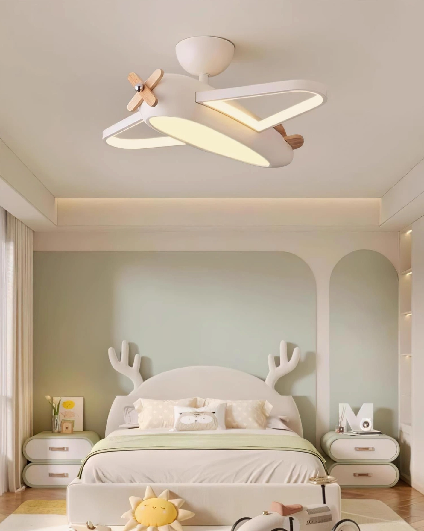 Modern airplane ceiling lamp with natural wood propeller element in contemporary bedroom setting