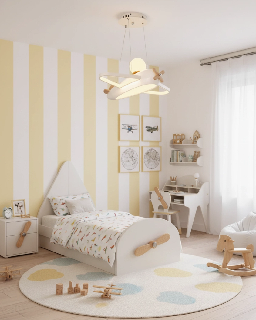 Off-white airplane pendant fixture suspended above wooden bed in yellow striped wall kids bedroom with ambient warm lighting