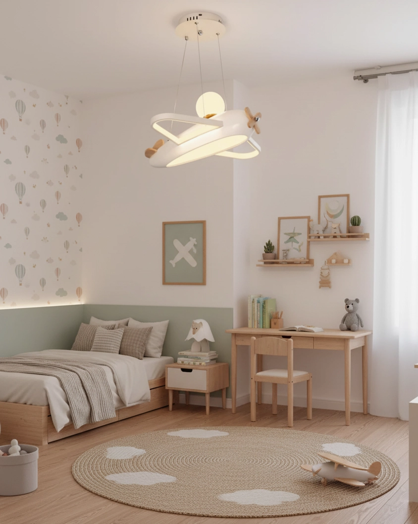 Off-white airplane ceiling fixture with cloud pattern wall decoration in minimalist neutral children's bedroom design