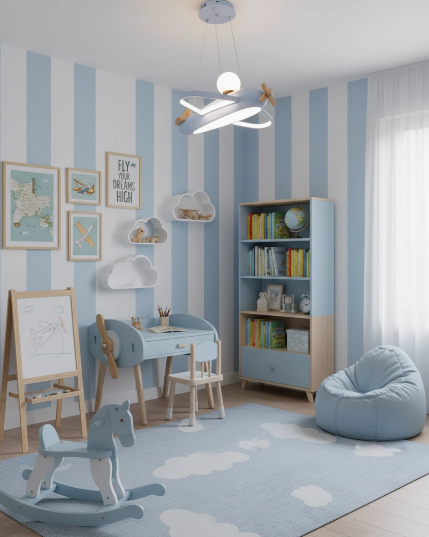 Airplane pendant lamp suspended from adjustable wire showing installation flexibility and hang height adjustment