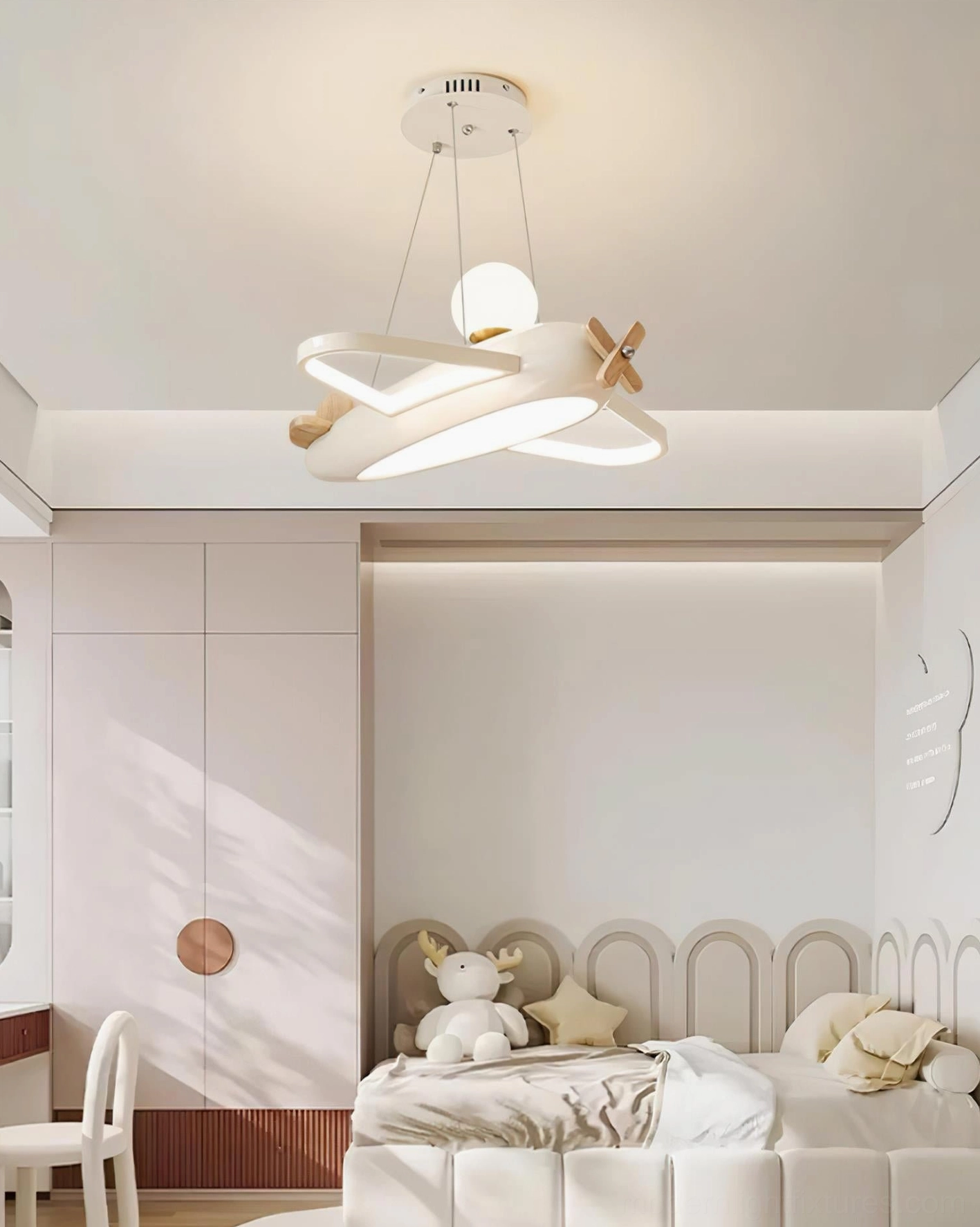 Airplane pendant light showing build quality crafted wooden propeller metal fuselage integrated LED technology