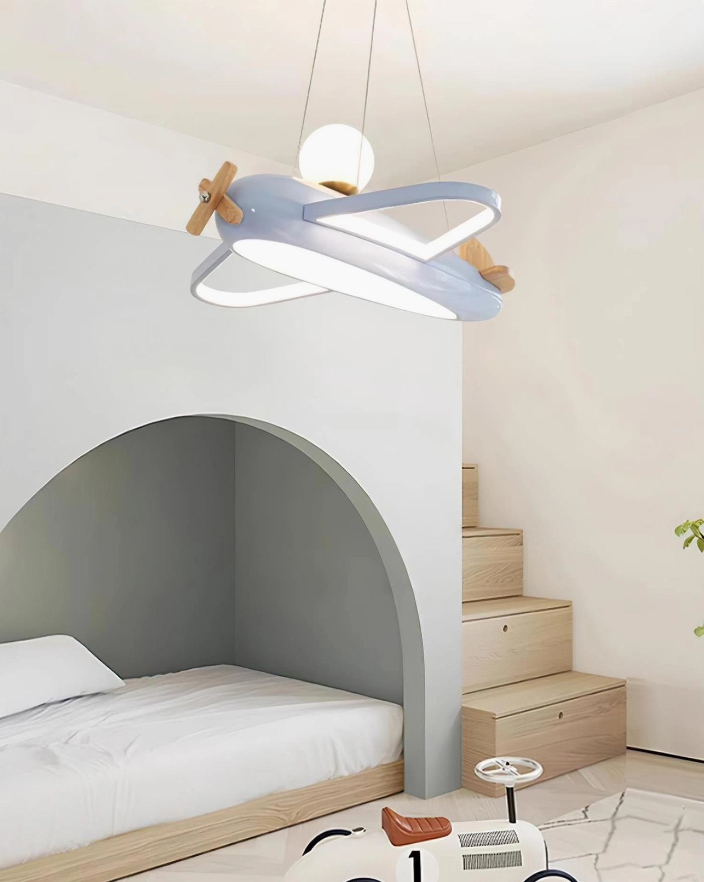 Airplane pendant light in four color options displayed showing white wood color blue beige variations