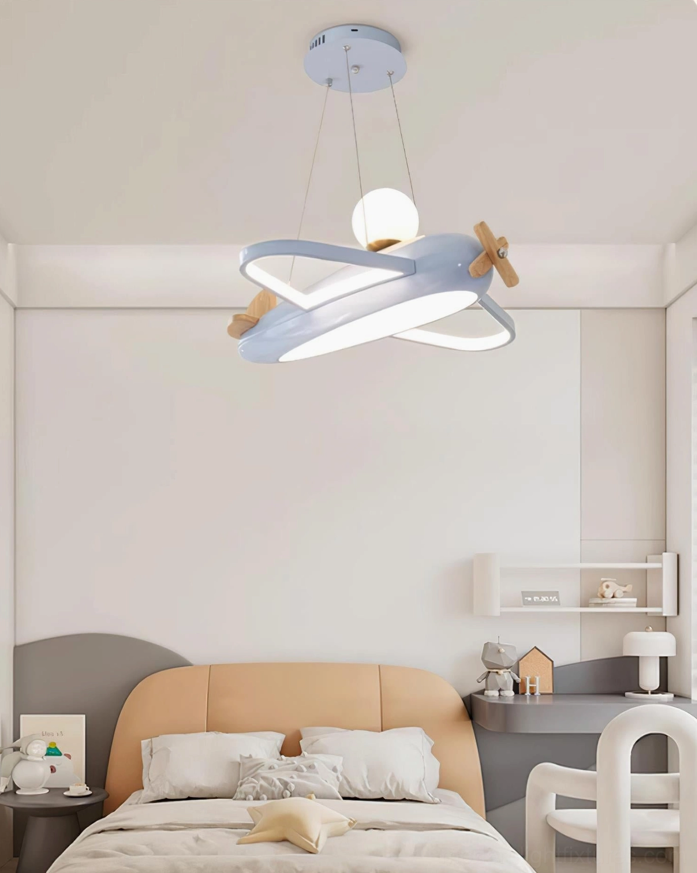 Airplane pendant fixture showing compatibility with sloped ceiling installation up to 30 degree angle