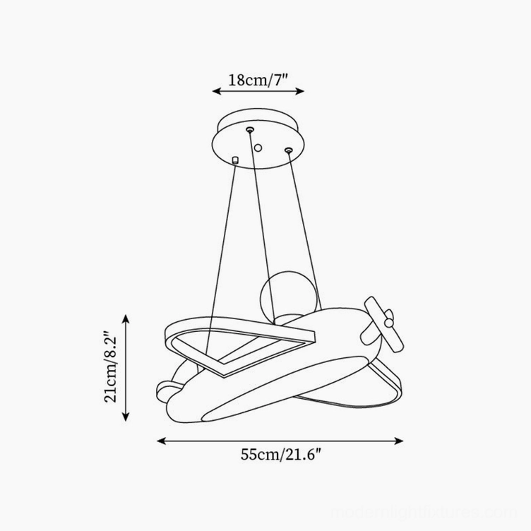 Technical orthographic drawing of airplane pendant lamp showing dimensions and measurements L 55cm x H 21cm