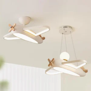 Comparison of airplane pendant lamp and flush mount aircraft ceiling fixture, both shown in indoor installation context