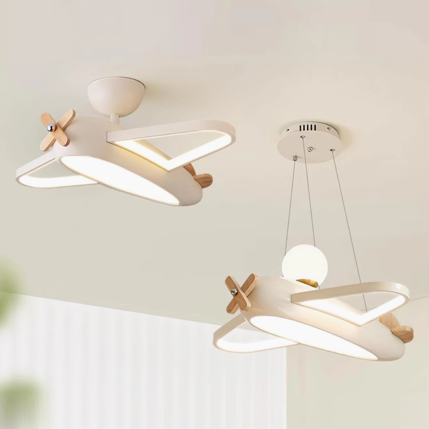 Comparison of airplane pendant lamp and flush mount aircraft ceiling fixture, both shown in indoor installation context
